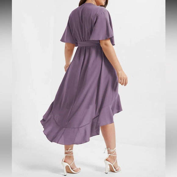 Bloom Dress - Solid Tie Surplice Ruffle High Low Dress - Picture 3 of 4